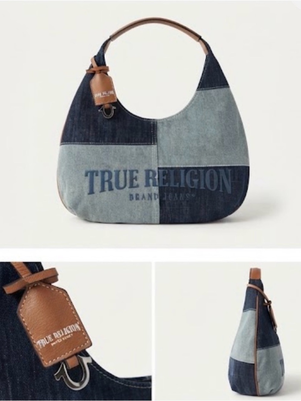 True Religion Patchwork Denim Hobo with Brown Leather Trim